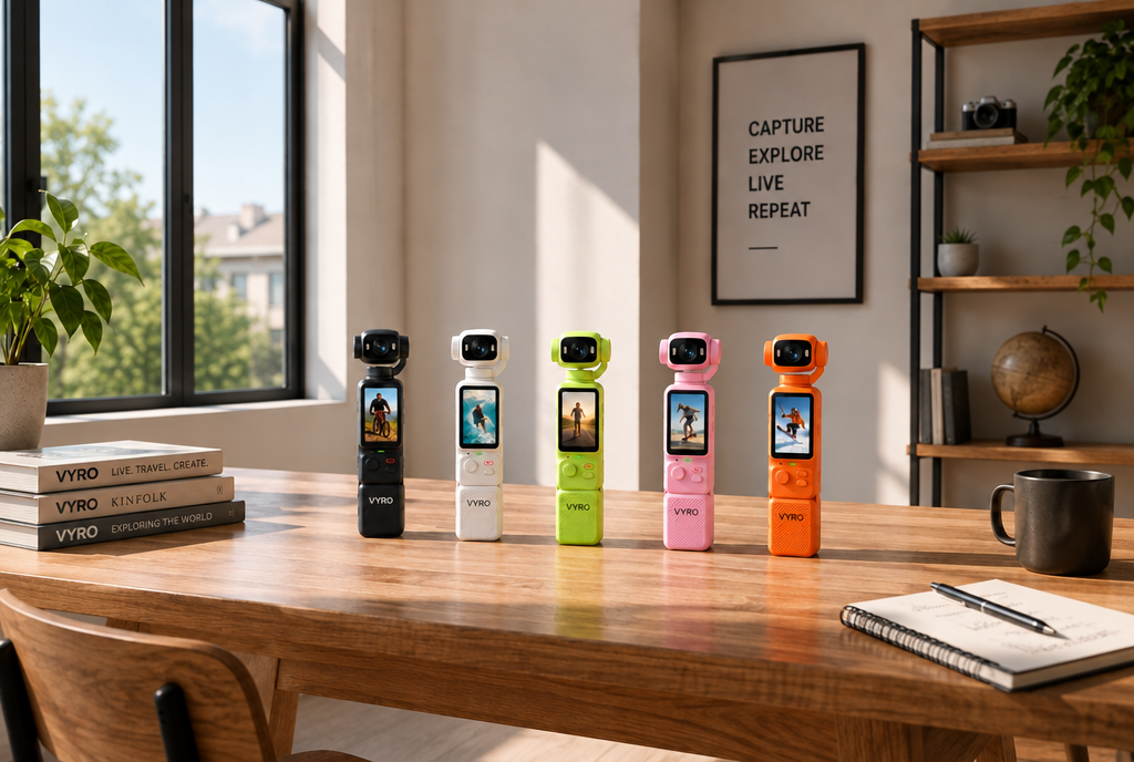 The five VYRO Pocket Pro colours on a wooden table